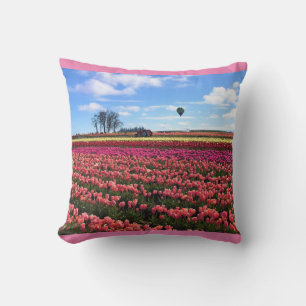 Beautiful Tulip Field with Hot Air Balloon, Oregon Cushion