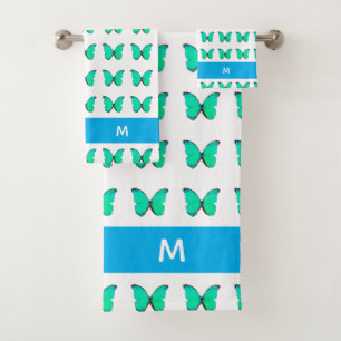 Beautiful Turquoise Butterfly Pattern on White  Bath Towel Set