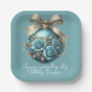 Beautiful Turquoise Christmas Ball Roses Snowfall Paper Plate