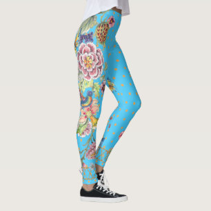 Beautiful Turquoise Floral Butterfly Chinoiserie Leggings