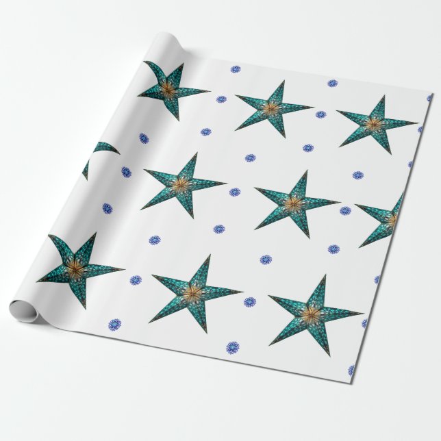 Beautiful Turquoise Holiday Star on White  Wrapping Paper (Unrolled)