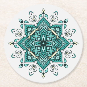 Beautiful turquoise mandala design round paper coaster