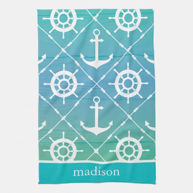 Beautiful Turquoise Nautical Monogram Tea Towel (Vertical)