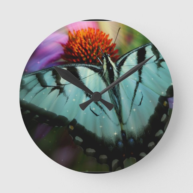 Beautiful Turquoise Swallowtail Butterfly Round Clock (Front)