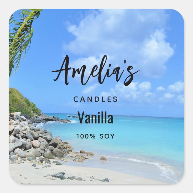 Beautiful Turquoise Tropical Beach Candle Business Square Sticker (Front)