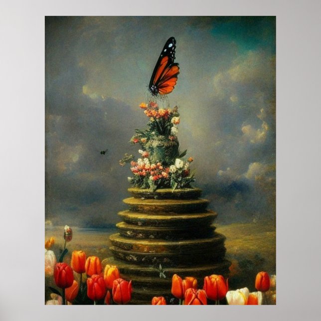 Beautiful two Butterfly flying over tulips modern Poster (Front)