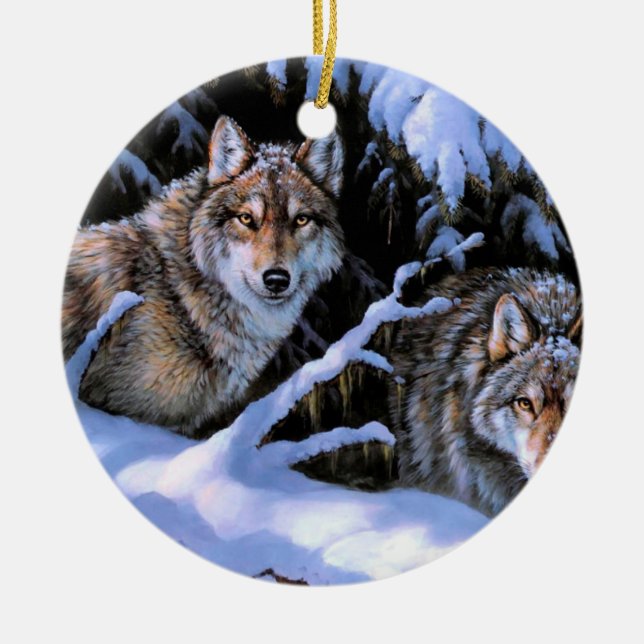 Beautiful Two Wolves Paintings Ceramic Tree Decoration (Front)