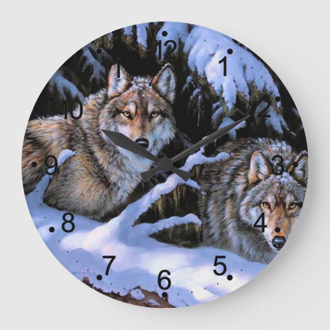 Beautiful Two Wolves Paintings Large Clock (Front)