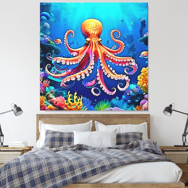 Beautiful Underwater Octopus Art Canvas Print (Insitu(Bedroom))