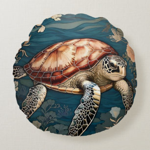 Beautiful Underwater Sea Turtle   Round Cushion