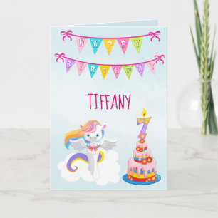 Beautiful Unicorn 7th Birthday Blue Card