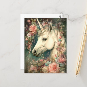 Beautiful Unicorn and Flowers Postcard