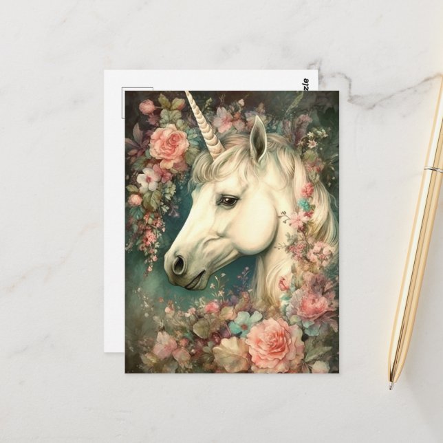 Beautiful Unicorn and Flowers Postcard (Front/Back In Situ)