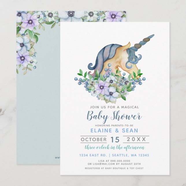 Beautiful Unicorn Blue Floral Boys Baby Shower Invitation (Front/Back)