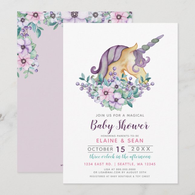 Beautiful Unicorn Purple Floral Girls Baby Shower Invitation (Front/Back)