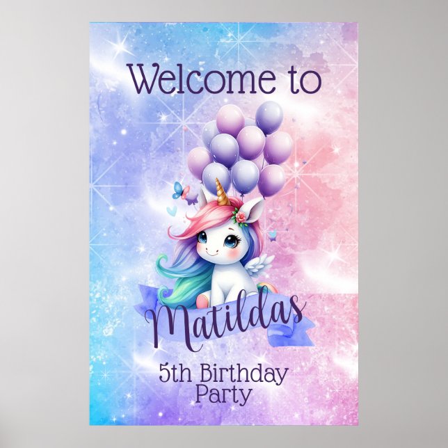 Beautiful Unicorn with Balloon Poster Welcome Sign (Front)
