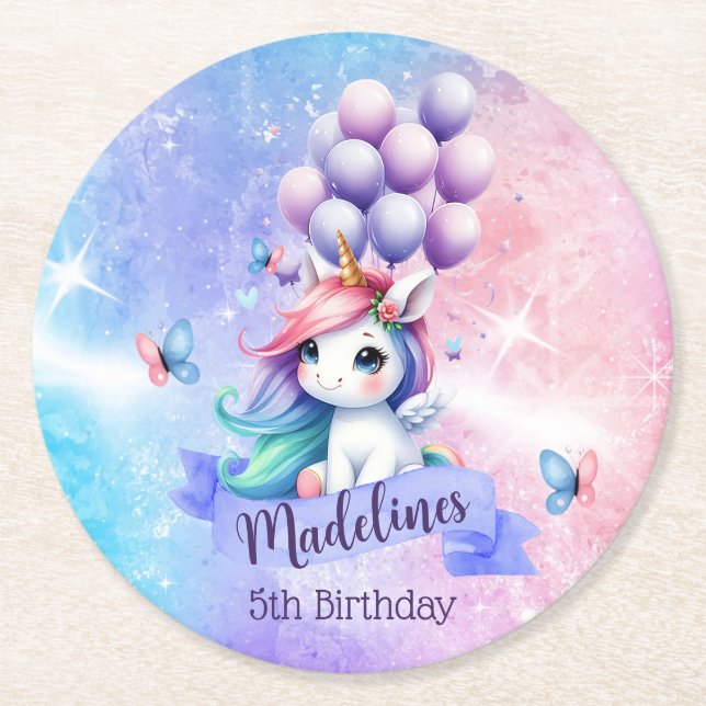Beautiful Unicorn with Balloons Paper Coasters (Front)