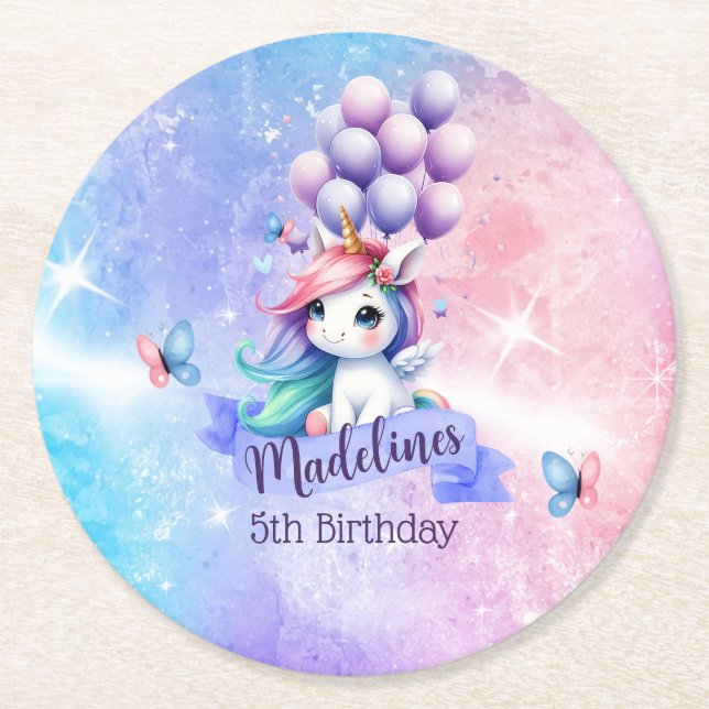 Beautiful Unicorn with Balloons Paper Coasters (Front)