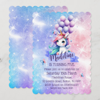 Beautiful Unicorn with Balloons Theme Invitations 