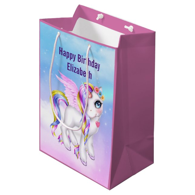 Beautiful Unicorn with Rainbow Mane Birthday Medium Gift Bag (Front Angled)