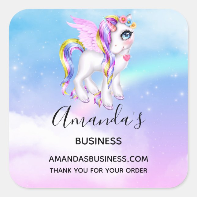 Beautiful Unicorn with Rainbow Mane Business Square Sticker (Front)