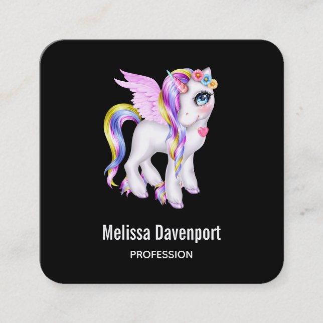 Beautiful Unicorn with Rainbow Mane Square Business Card (Front)