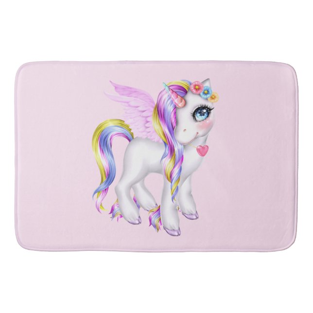  Beautiful Unicorn with Rainbow Mane & Tail Bath Mat (Front)