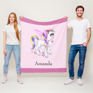 Beautiful Unicorn with Rainbow Mane & Tail Fleece Blanket