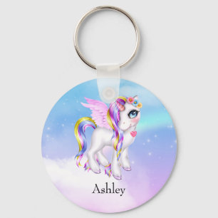 Beautiful Unicorn with Rainbow Mane & Tail Key Ring
