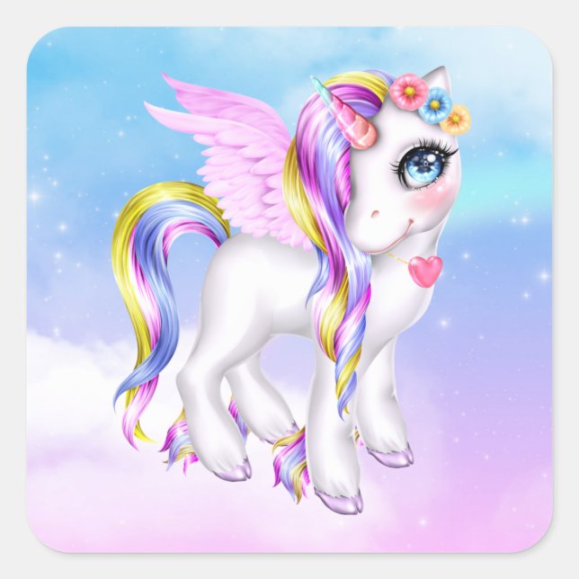 Beautiful Unicorn with Rainbow Mane & Tail Square Sticker (Front)
