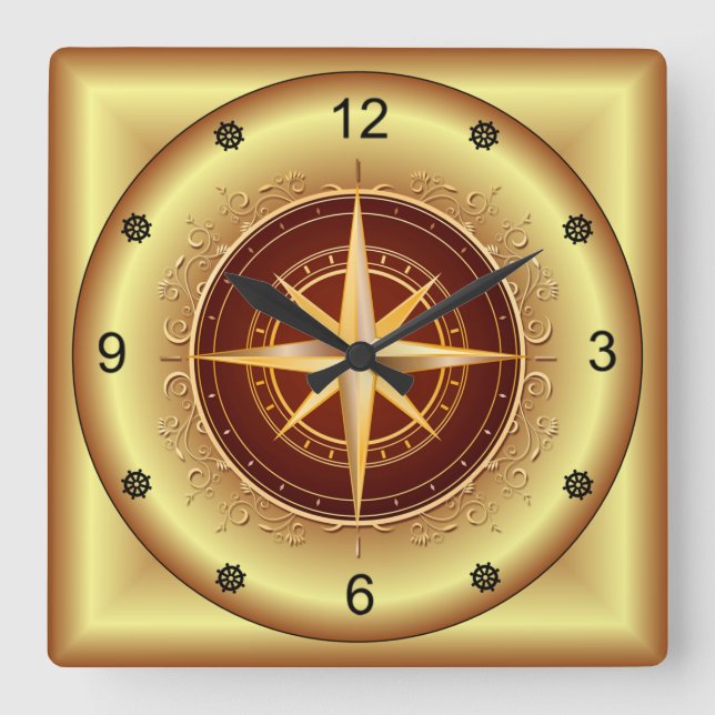Beautiful Unique Gold & Maroon Compass ~ Square Wall Clock (Front)