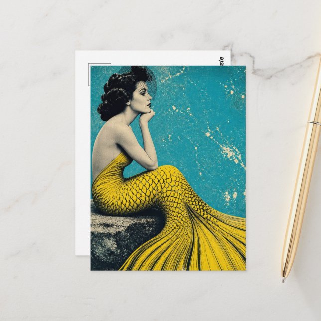 Beautiful Unique Retro Mermaid Postcard (Front/Back In Situ)