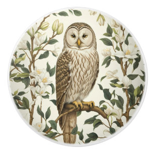 Beautiful Ural Owl And Magnolia Blossoms Ceramic Knob