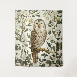 Beautiful Ural Owl And Magnolia Blossoms Tapestry