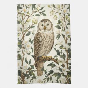 Beautiful Ural Owl And Magnolia Blossoms Tea Towel