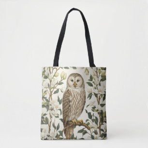 Beautiful Ural Owl And Magnolia Blossoms Tote Bag