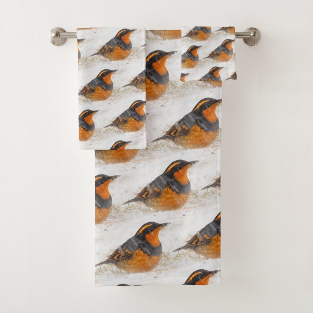 Beautiful Varied Thrush on a Snowy Winter's Day Bath Towel Set (Insitu)