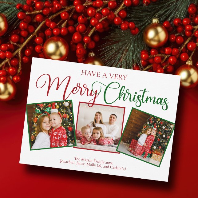 Beautiful Very Merry Christmas 3 Photo Collage Holiday Card (Creator Uploaded)