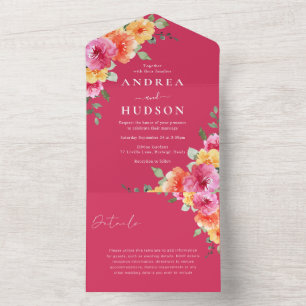 Beautiful Vibrant Pink Floral Wedding All In One Invitation