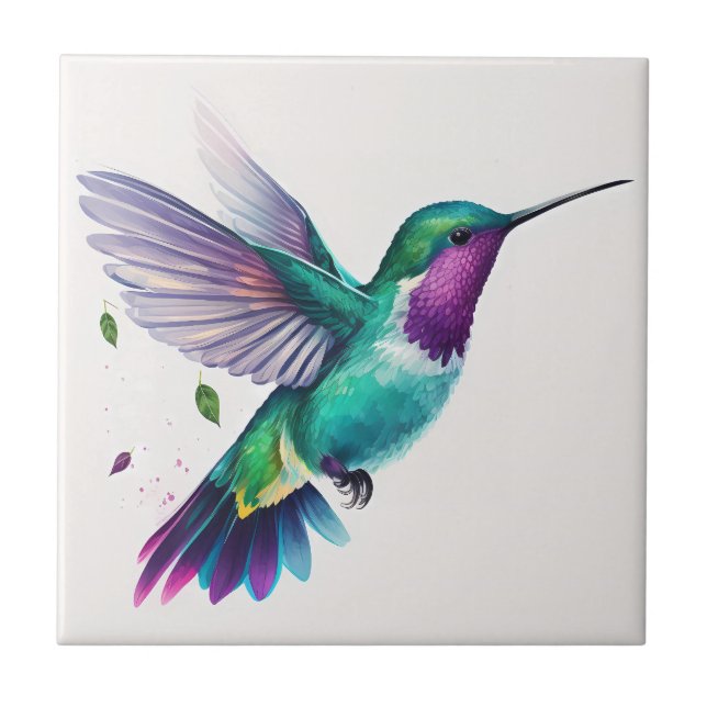 Beautiful Vibrant Watercolor Hummingbird Print Tile (Front)
