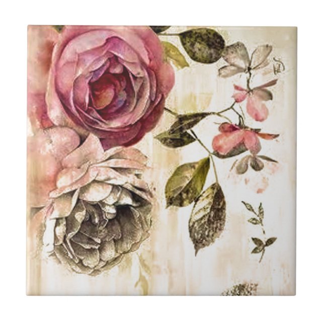 Beautiful Victorian Floral Painting Tile (Front)