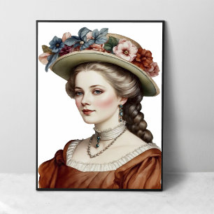 Beautiful Victorian Lady Brown Floral Hat Portrait Poster