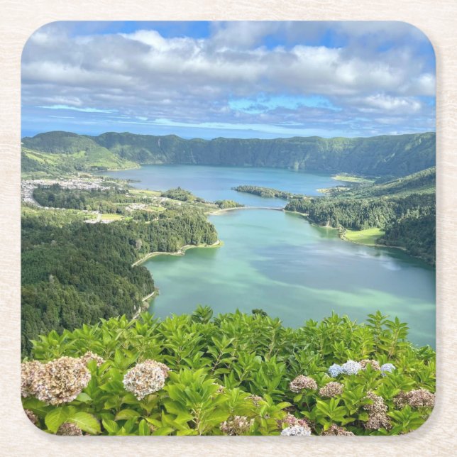 Beautiful View of Sete Cidades Caldera, Azores Square Paper Coaster (Front)