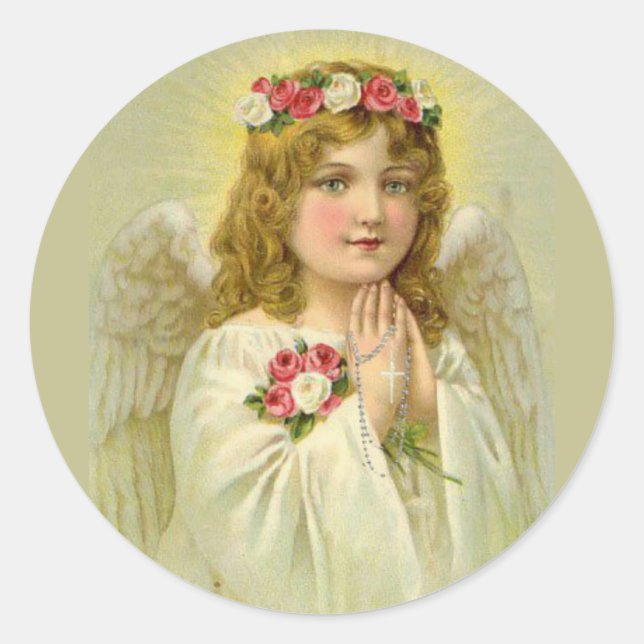 Beautiful Vintage Angel Praying Rosary Classic Round Sticker (Front)