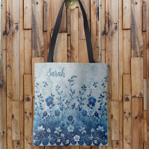 Beautiful Vintage Blue Tropical Hawaiian Flowered  Tote Bag