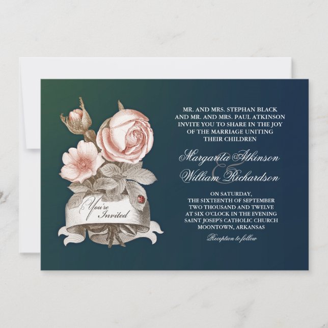beautiful vintage blue wedding invitations (Front)