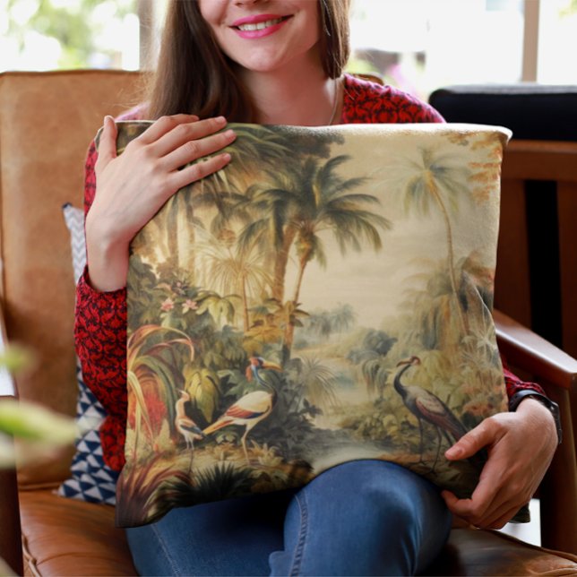 beautiful vintage botanical painting cranes palms cushion (Creator Uploaded)