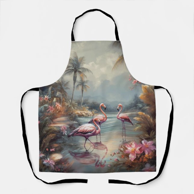 beautiful vintage botanical painting flamingos apron (Front)