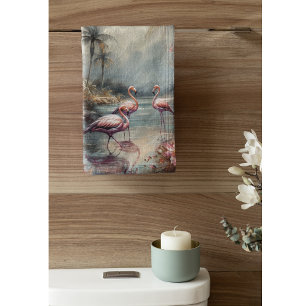 beautiful vintage botanical painting flamingos bath towel set