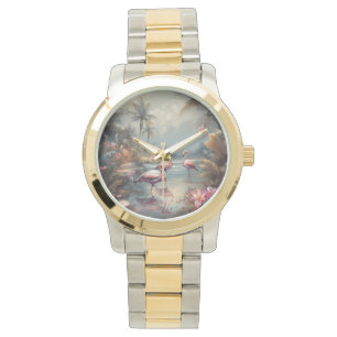 beautiful vintage botanical painting flamingos watch